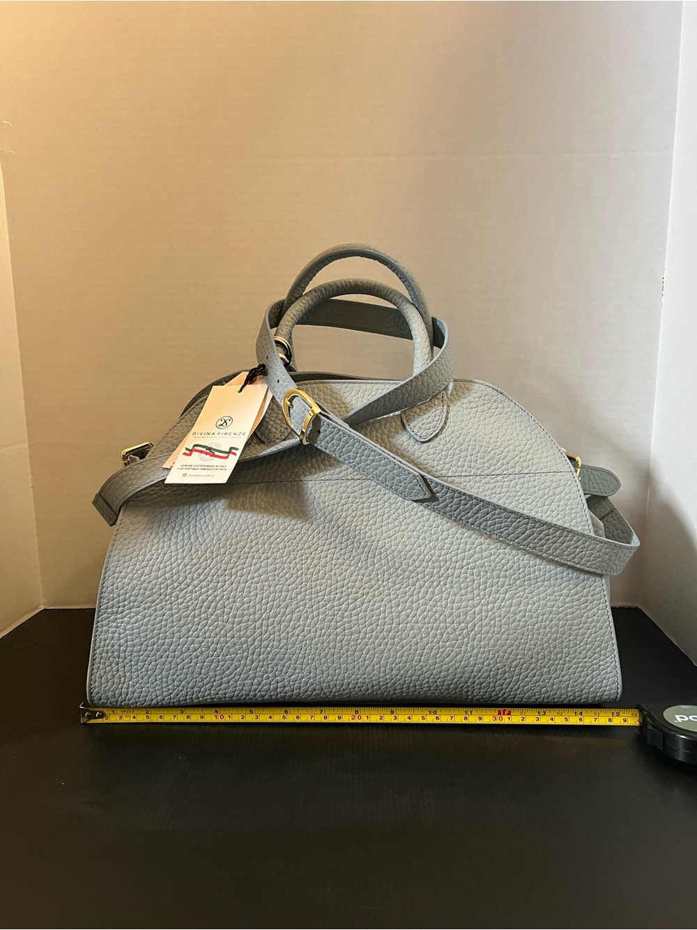 Light Blue Structured Leather Satchel Bag with Strap - Picture 2 of 9